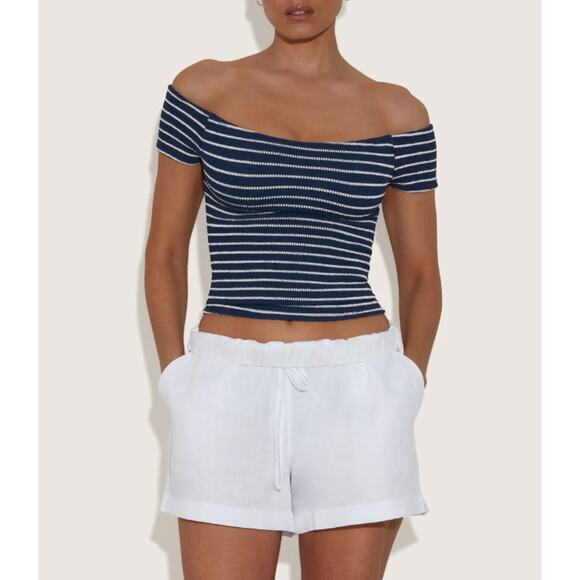 Hunza G Tops - Hunza G Top Women One Size Grace Navy White Striped Off Shoulder Crop Knit Retro